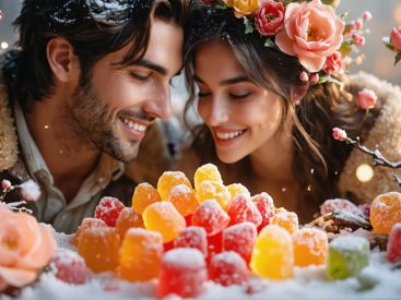 Romantic scene with a couple sharing a joyful glance over an artistic arrangement of colorful freeze dried candies, enhanced by a natural backdrop and soft lighting.